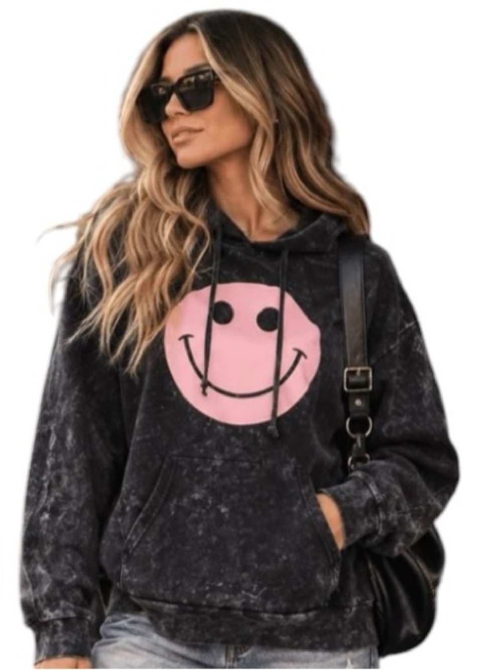 857:  BIBI NWT SMILEY FACE MINERAL WASH HOODIE BLACK CHARCOAL (H38)